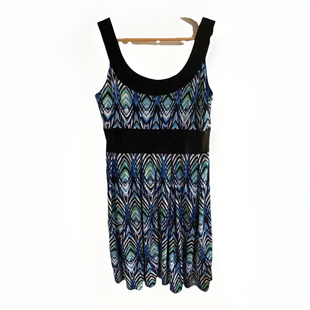 Dressbarn Geometric Print Dress Womens 8 Blue Green Black Empire Waist Boho